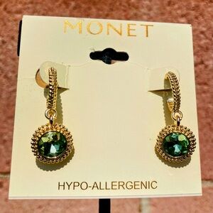 Monet green crystal gold hoop earrings